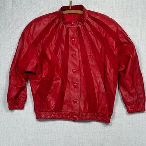 Vintage 80s Red Leather Suede Panel Jacket Batwing Button Front Bomber Size 36